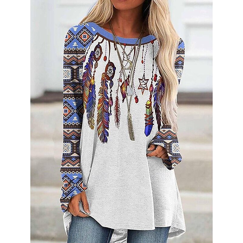 Women's T Shirt Graphic Tribal Vintage Stylish Casual Long Sleeve Crew Neck Long Tops Daily Print Blue Sky Blue Orange Brown Khaki Spring Fall4