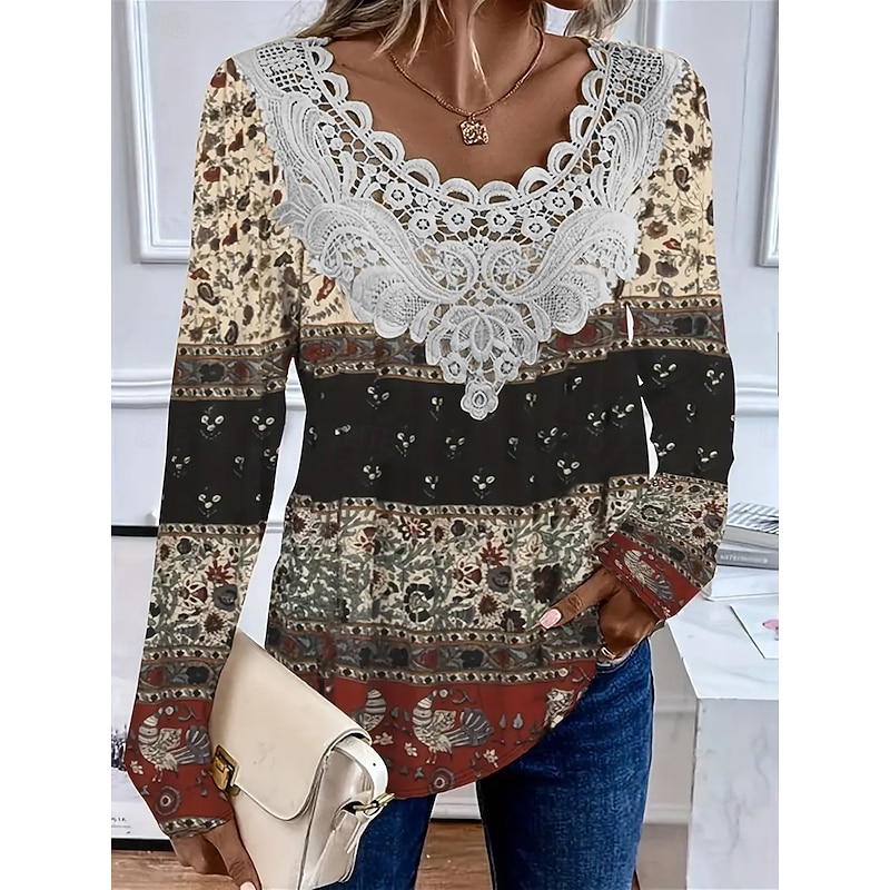 Women's T Shirt Floral Graphic Fashion Stylish Casual Long Sleeve Crew Neck Regular Tops Daily Lace Eyelet Red Gray Spring Fall