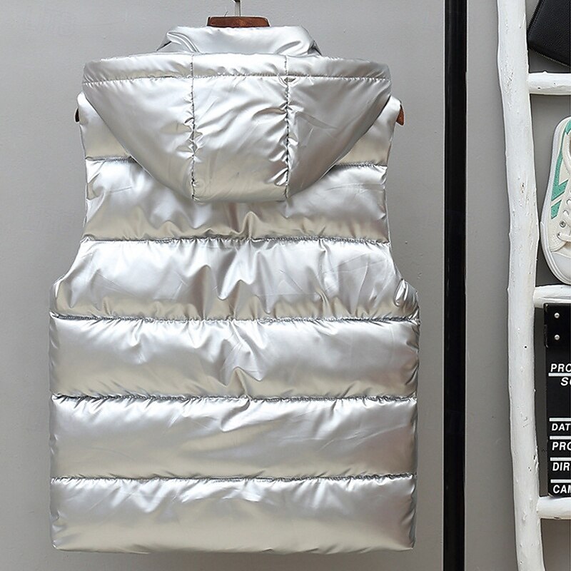 Men's Puffer Vest Vest Gilet Vacation Daily Date Fashion Casual Fall & Winter Pocket Nylon Warm Comfortable Solid Color Zipper Hooded Regular Fit Silver Black Red Dark Silver Vest2