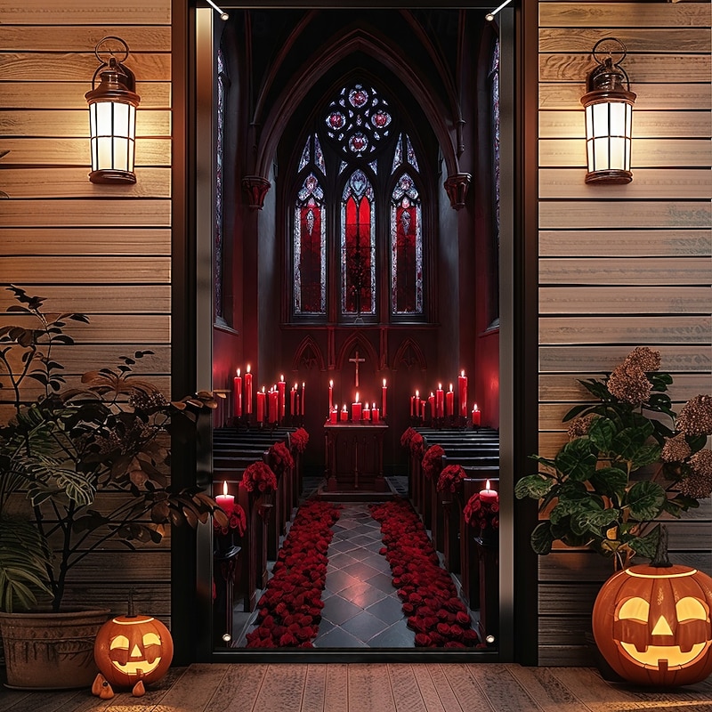 Halloween Door Cover Outdoor Banners Skeleton Church Psychedelic Dark Punk Gothic Style Party Outdoor Shooting Backgrounds Front Door Wall Porch Home Decor