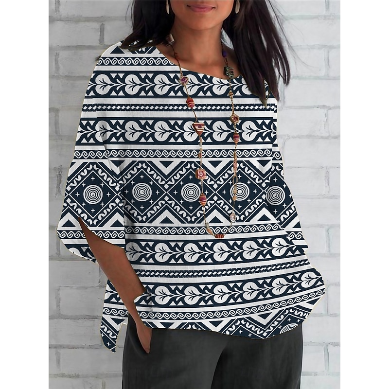 Women's Shirt Geometric Daily Casual 3/4 Length Sleeve Crew Neck Regular Tops Daily Holiday Print Black Summer Spring Fall