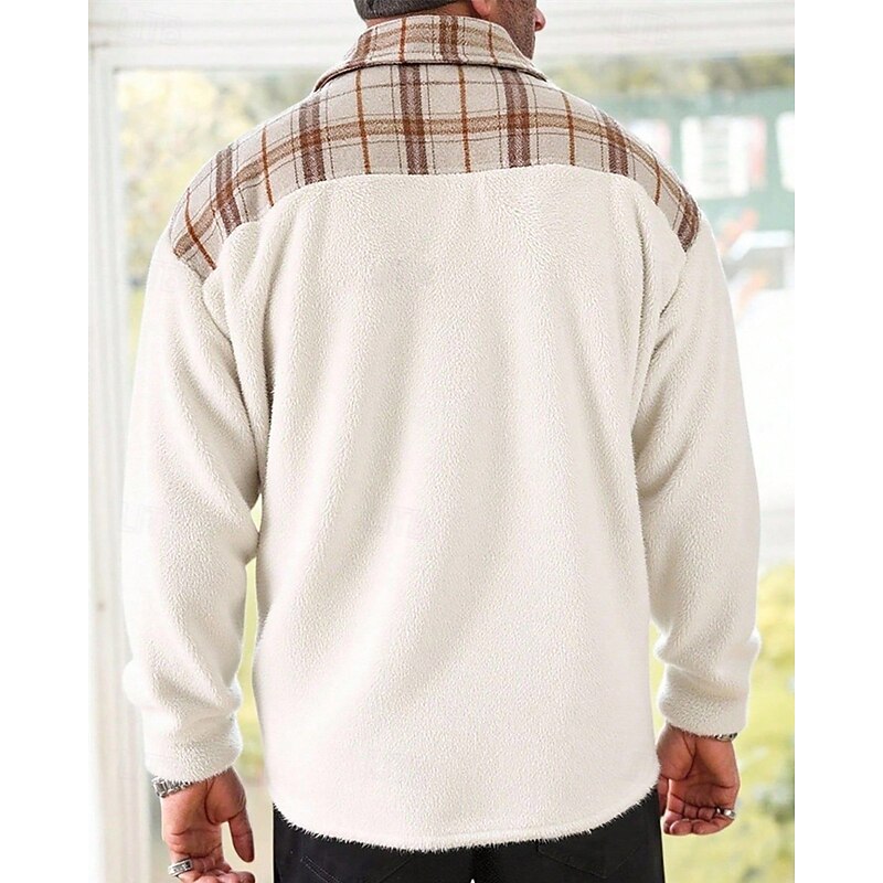 Men's Shirt Jacket Casual Jacket Shacket Vacation Daily Thermal Warm Pocket Fall Winter Plaid Fashion Classic Lapel Regular Beige Jacket3