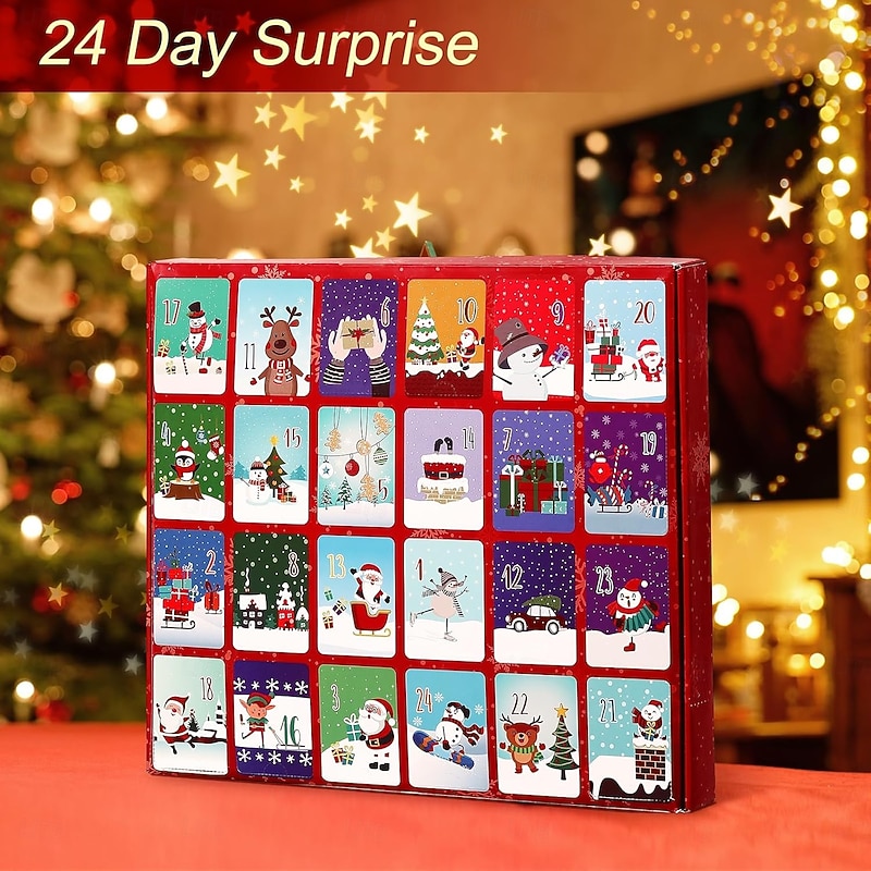 Christmas Socks Advent Calendar Xmas Gift 12/24 Pairs For Kid Advent Box Socks Christmas Countdown, Santa Elk Snowman Tree Pattern for Gifts Advent Calendar3
