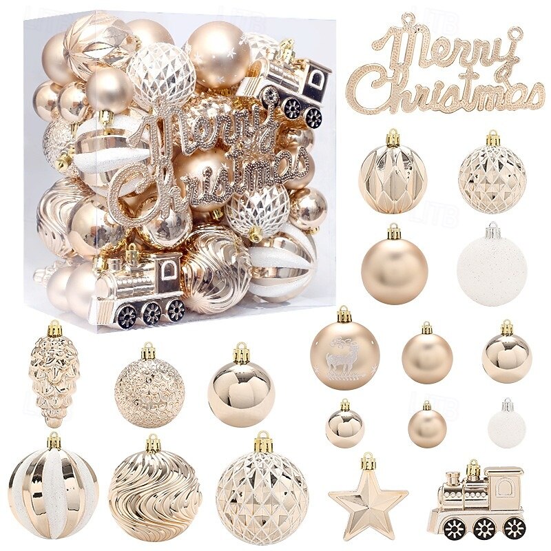 65 pcs Christmas Tree Balls Baubles Ornaments, Xmas Decoration, Light Champagne White Painted Hanging Set, Festive Tree Decor for Holiday Celebration