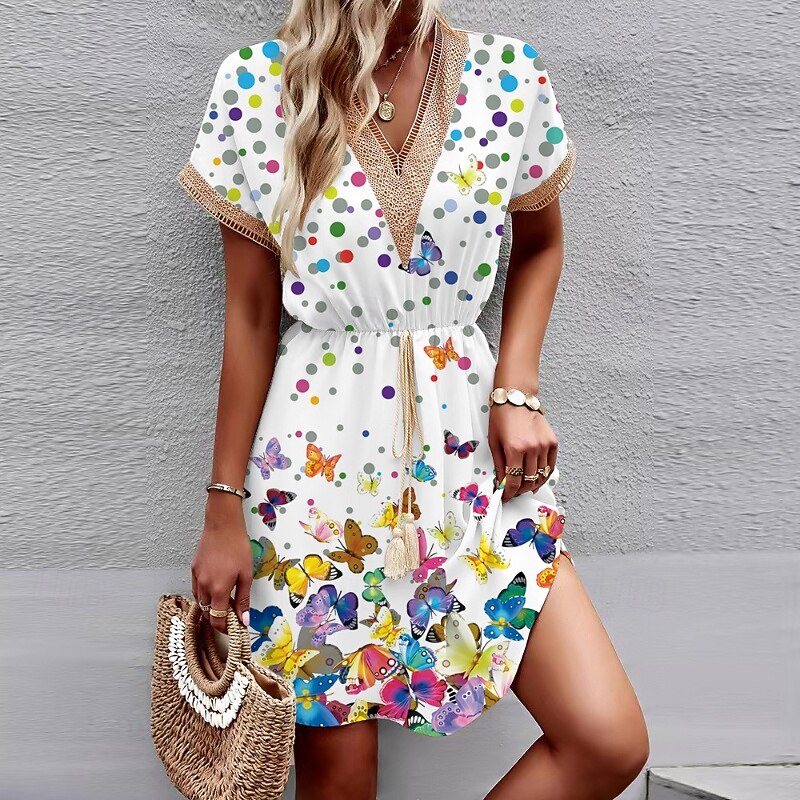 Women's Mini Dress Floral Dress Print Dress Classic Modern Vacation Holiday Going out Regular Fit Flower Short Sleeve V Neck White Red Blue Summer2