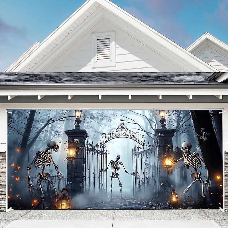 Halloween Garage Door Cover Large Hanging Backdrop Skeleton Ghost Zombies Cemetery Fantasy Psychedelic Party Outdoor Shooting Backgrounds Front Door Home Decor