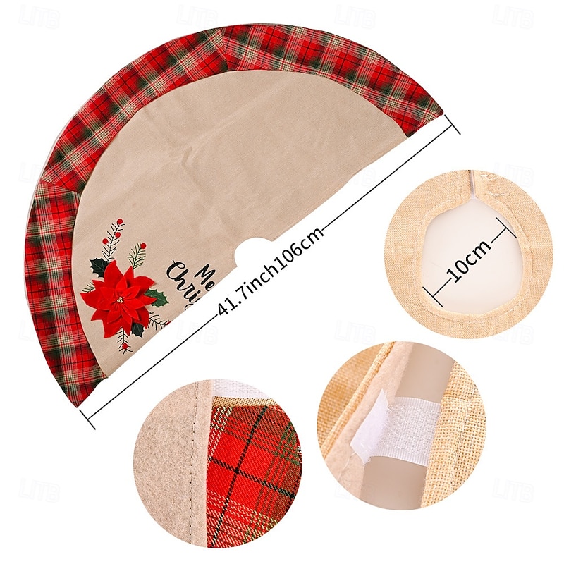 Christmas Tree Skirt Creative Large Red Flower Burlap Design Popular Plaid Tree Skirt Festive Holiday Decoration Perfect Seasonal Christmas Atmosphere Setup4