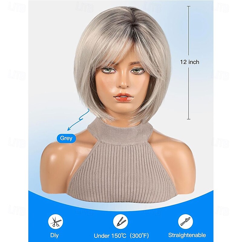 Bob Wigs for Women Synthetic Wig with Fringe Grey Color3