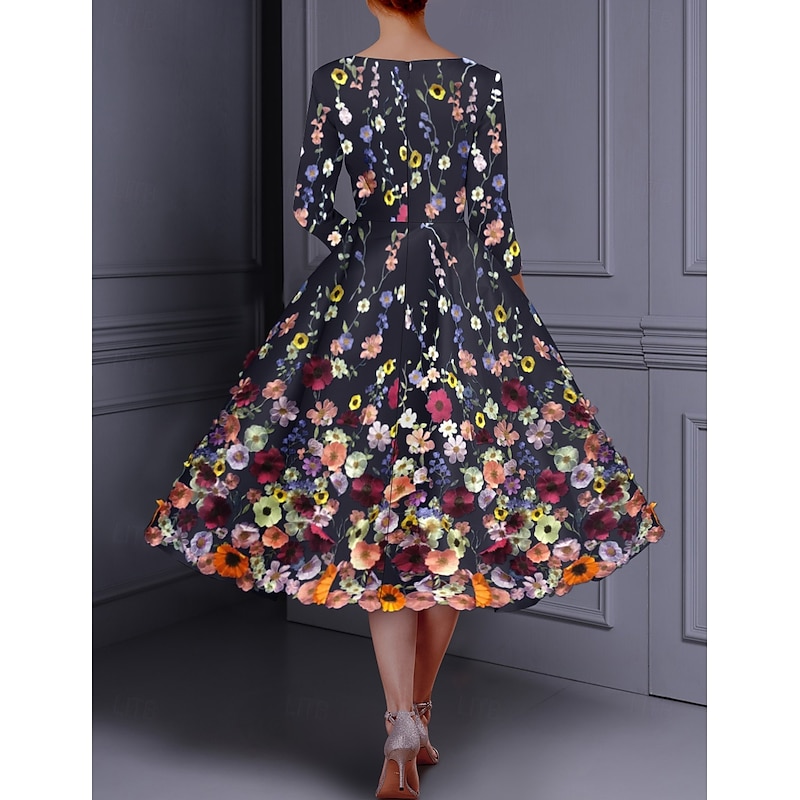 Floral Blue Black A-Line Cocktail Dresses Elegant Dress Formal Wedding Ankle Length Short Sleeve Crew Neck Pocket Satin Backless with Appliques 20252