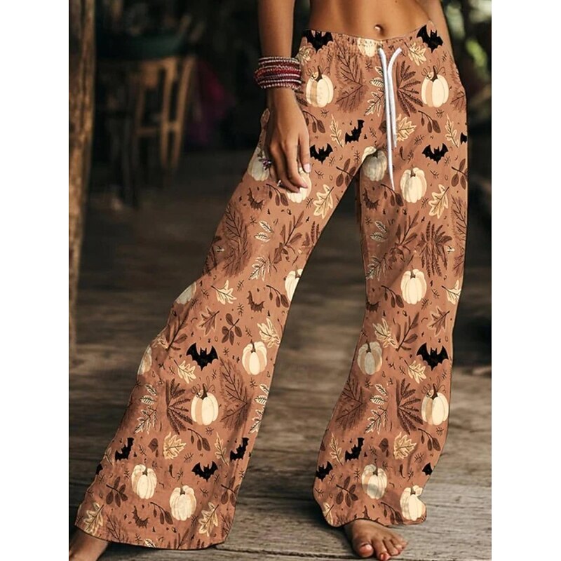 Women's Wide Leg Chinos Pants Trousers Active Fashion Comfort Full Length High WaistPantsHalloween Graphic Skull Pumpkin Drawstring Patchwork Printing Soft Breathable Inelastic Vacation Street Causal4