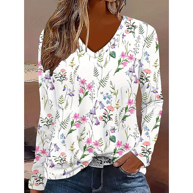 Easter Women's T Shirt Floral Graphic Plants Vintage Stylish Classic Long Sleeve V Neck Regular Tops Daily Print Pink Spring Fall Winter