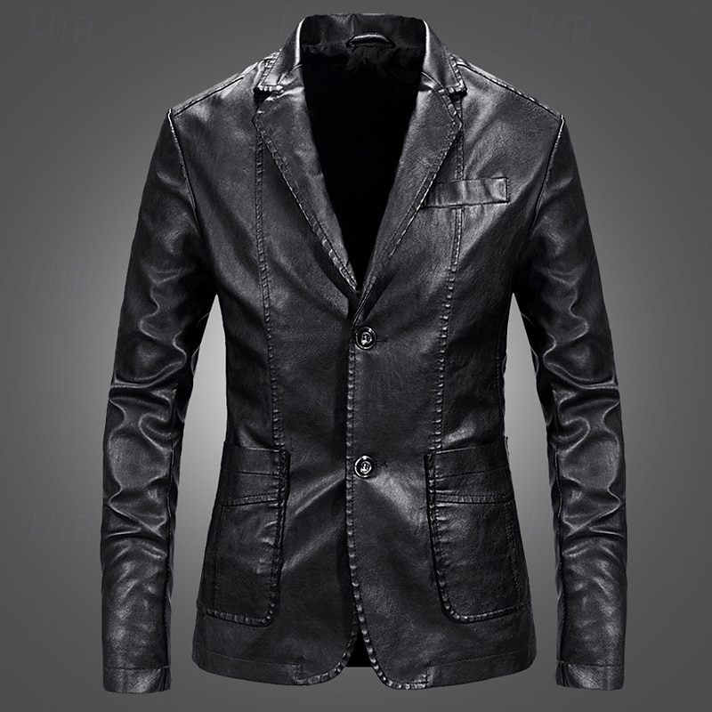 Men's Faux Leather Jacket Blazer Jacket Formal Office Casual Smart Casual Fall Spring & Summer PU Leather Solid Color Comfy Single Breasted Blazer Black Burgundy Blue khaki4