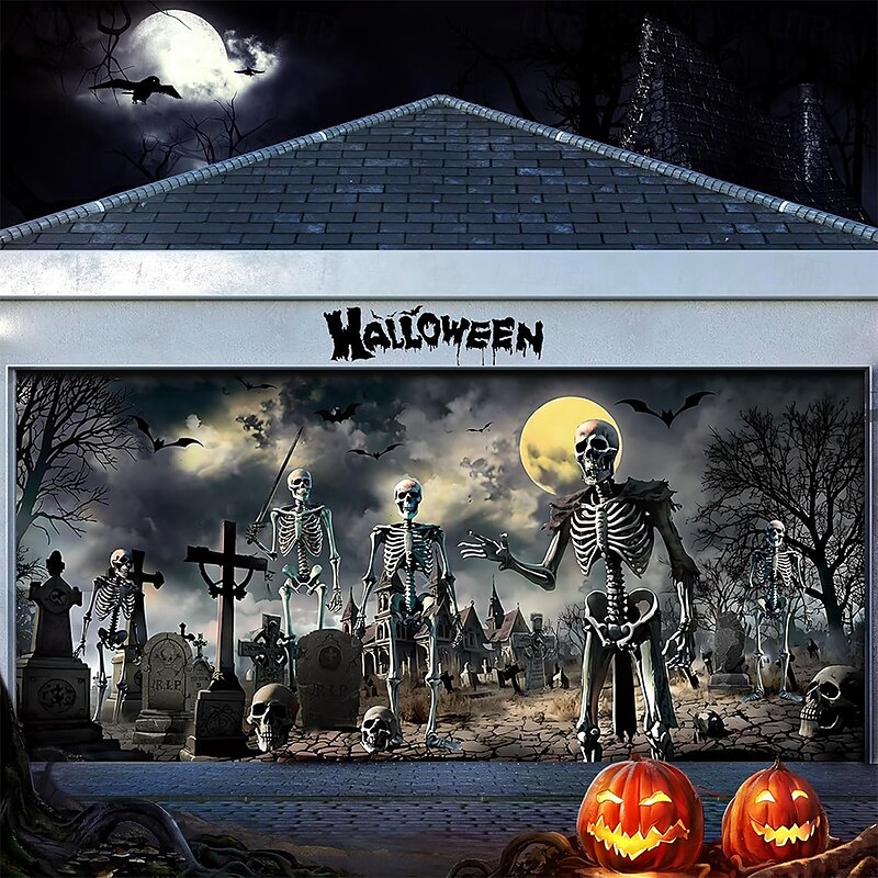 Halloween Garage Door Cover Large Hanging Backdrop Skeleton Cemetery Dark Punk Gothic Style Party Outdoor Shooting Backgrounds Yard Haunted House Home Decor