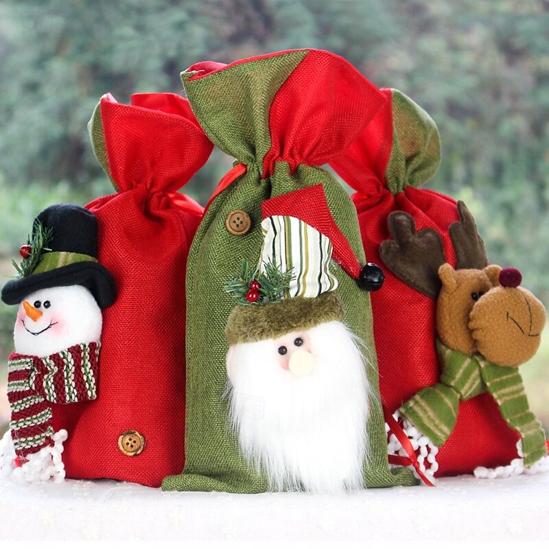 3pcs Small Christmas Burlap Gift Bags, Holiday Party Favor Bags, Kids Candy Bags, Apple Bags, Rustic Holiday Decoration