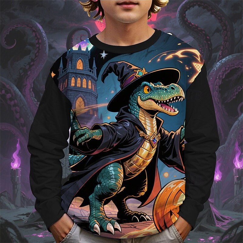 Halloween Boys' 3D Cartoon Dinosaur Ghost T shirt Tee Long Sleeve Spring Fall Fashion Basic Kids 4-12 Years Crew Neck Outdoor Casual Daily Regular Fit3