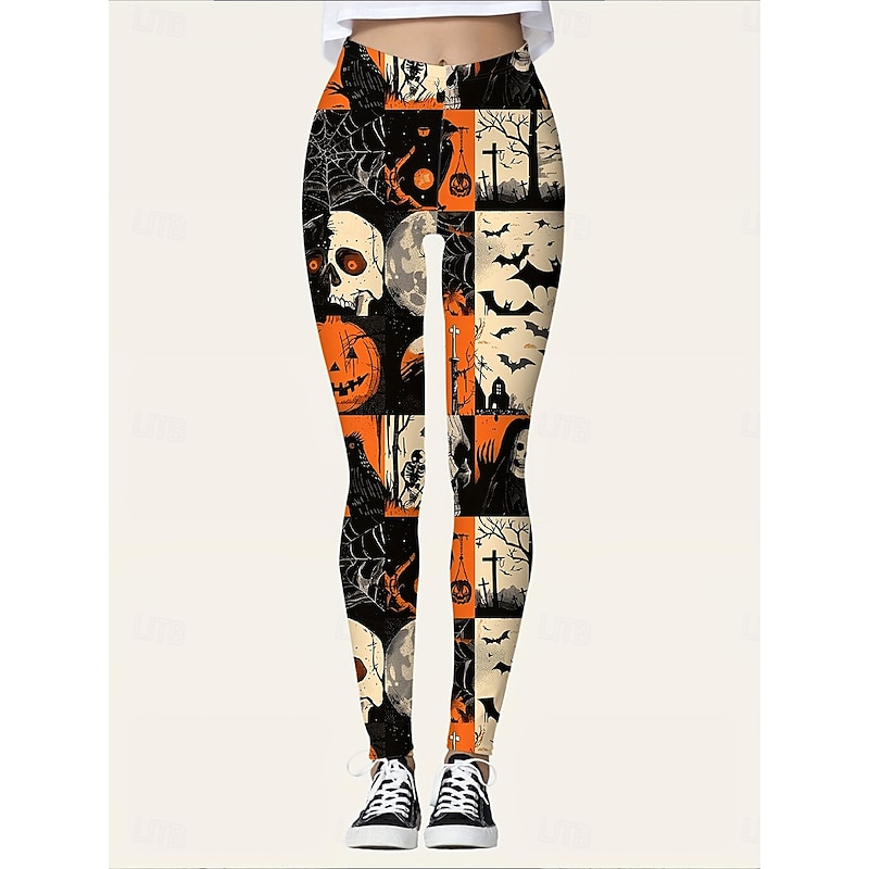 Women's Leggings Vacation Vintage Fashion Full Length High WaistPantsHalloween Graphic Skull Pumpkin Printing Soft Breathable Stretchy Outdoor Vacation Street Orange Spring Fall Winter Slim Fit