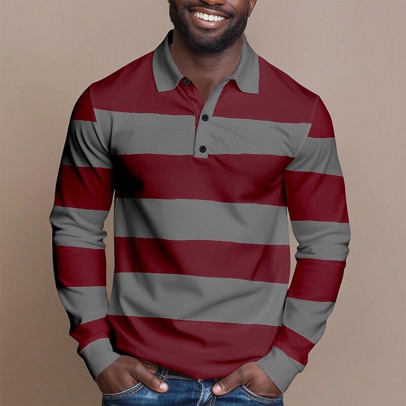 Men's Horizontal Stripes Cable Knit Polo Rugby Polo Shirts Long Sleeve Polo Shirts Collared Shirts Casual Outdoor Athleisure 3D Print Buttons Spring Fall Red Blue Green3