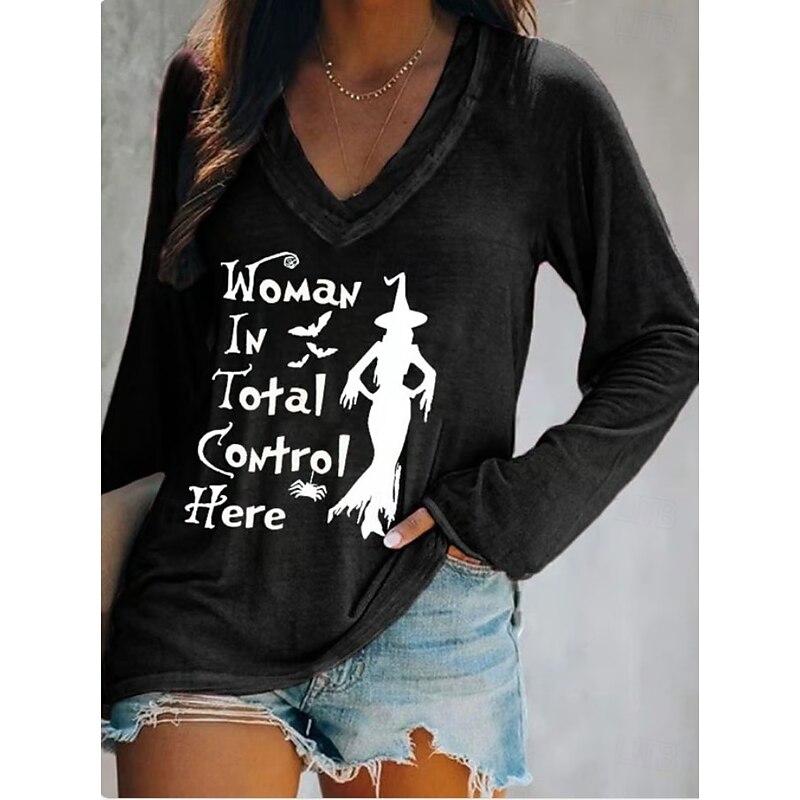 Halloween Women's T shirt Witch Long Sleeve Graphic Vintage Stylish Classic Long Sleeve V Neck Regular Tops Daily Print Black White Orange Gray Spring Fall Prefall2