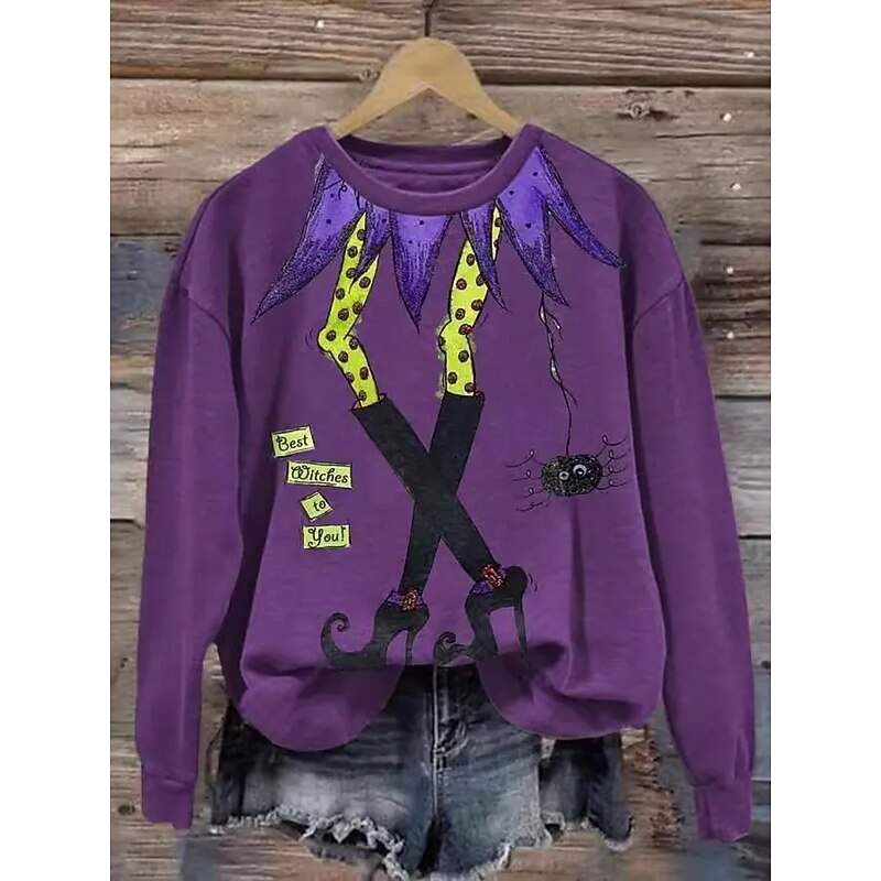 Halloween Women's Pullover Sweatshirt Witch Graphic Fashion Casual Long Sleeve Crew Neck Round Neck Regular Tops Street Dailywear Casual Print Blue Purple Orange Green Fall Winter4