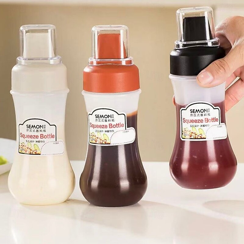 3pcs Measurable Condiment Squeeze Bottle, 350ml Kitchen Sauce Dispenser Bottles with 5 Nozzles for Ketchup, Salad Dressing, and Condiment Portioning2