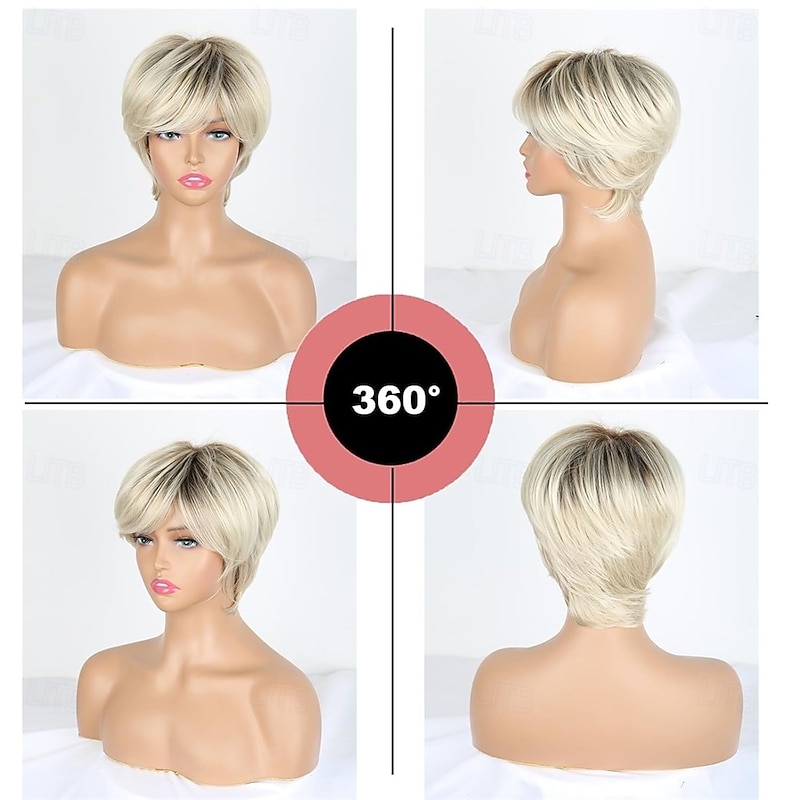 Short Hair Wigs for Women Blonde Wig with Bangs Pixie Cut Wig with Blonde Highlight Tousled Waves/Blended and Brown Rooted Shades(Shades of Blonde White and Brown)4