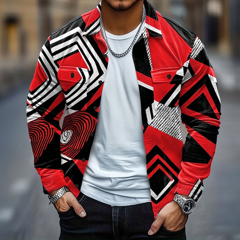 Men's Geometric Color Block Corduroy Shirt Shirt Jacket Overshirt Long Sleeve Casual Outdoor Dailywear Fall Winter Turndown Button-Down Warm Jacket with Flap Pockets Yellow Red Green Dark Blue