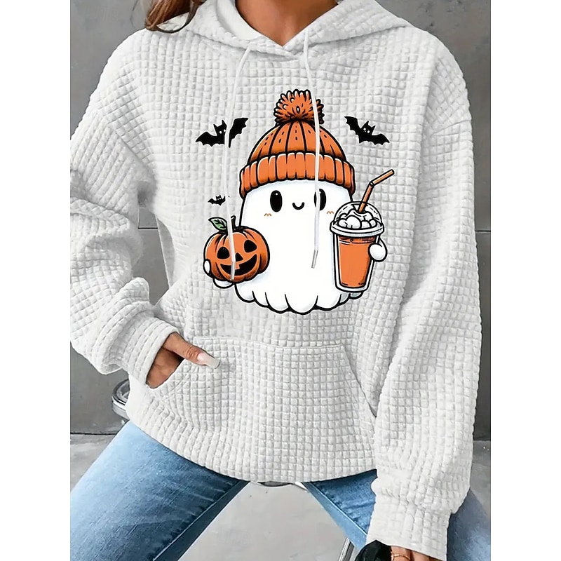 Halloween Women's Hoodies Casual Long Sleeve Hooded Regular Tops Street Dailywear Casual Pocket Print White Dark Blue Gray Fall Winter