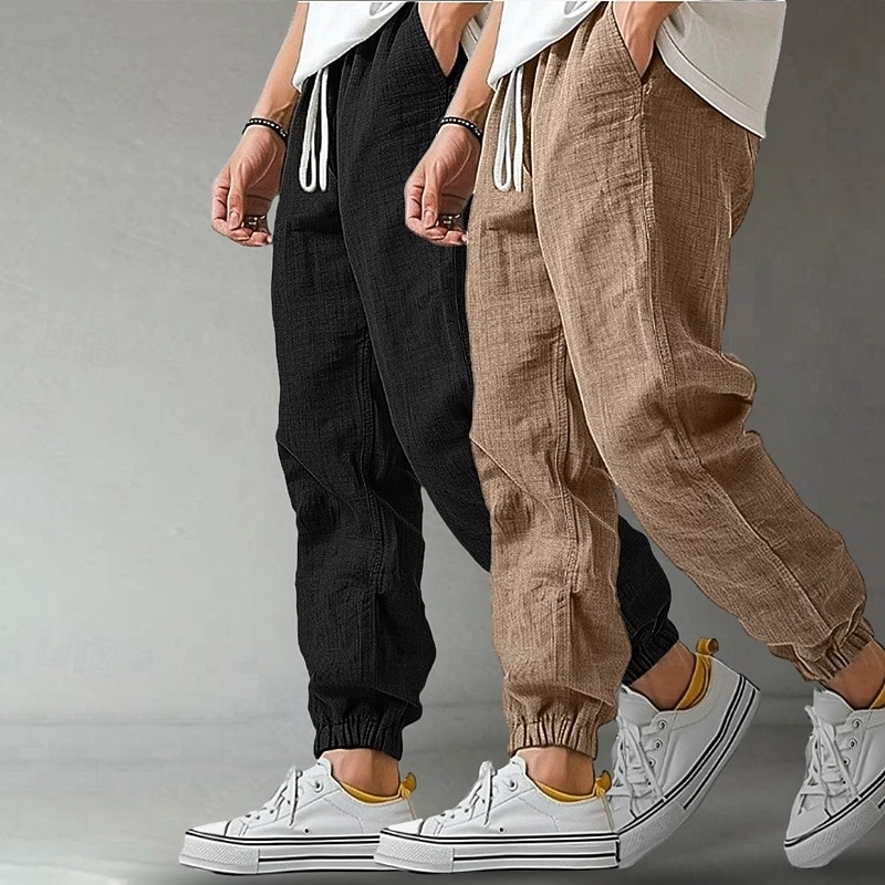 Men's Joggers Linen Pants Trousers Summer Pants Drawstring Pocket Elastic Waist Solid Color Comfort Breathable Full Length Outdoor Vacation Holiday Fashion Classic Style Black+Navy Blue White+Navy2