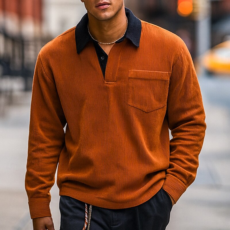 Men's Corduroy Shirt Polo Shirts Casual Sports Lapel Long Sleeve Fashion Basic Color Block Patchwork Buttons Fall Spring &  Fall Regular Fit Black White Light Green Gray Light Blue Dark Red Corduroy
