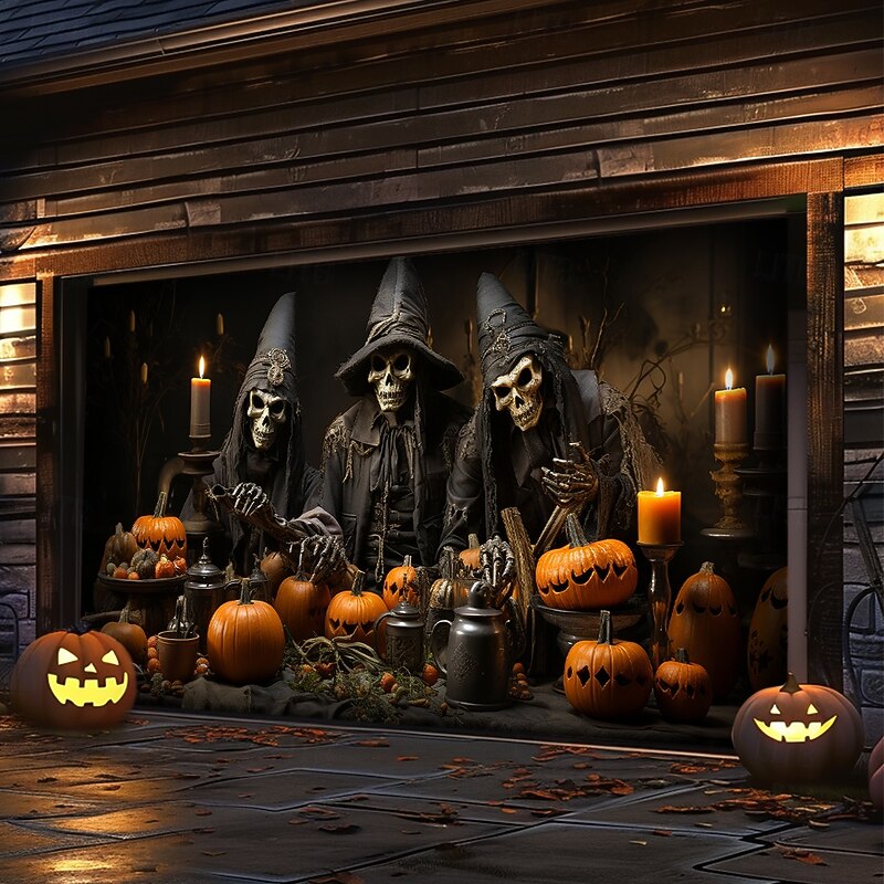 Halloween Tapestry Garage Door Cover Large Hanging Backdrop Pumpkin Witch Dark Punk Gothic Style Party Outdoor Shooting Backgrounds Front Door Home Decor3