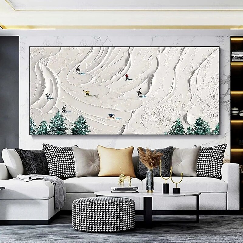Handmade 3D Oil Painting Skiing Scene with Snow-Covered Mountains Pine Trees Vibrant Colors Rich Textures Detailed Brushstrokes Realistic Shading for Home Decor3