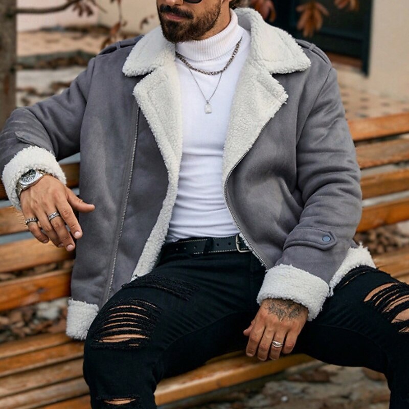 Men's Winter Jacket Fleece Jacket Sherpa Jacket Vacation Daily Windproof Warm Pocket Fall Winter Plain Fashion Classic Lapel Regular Faux Leather Gray Jacket - Main Image
