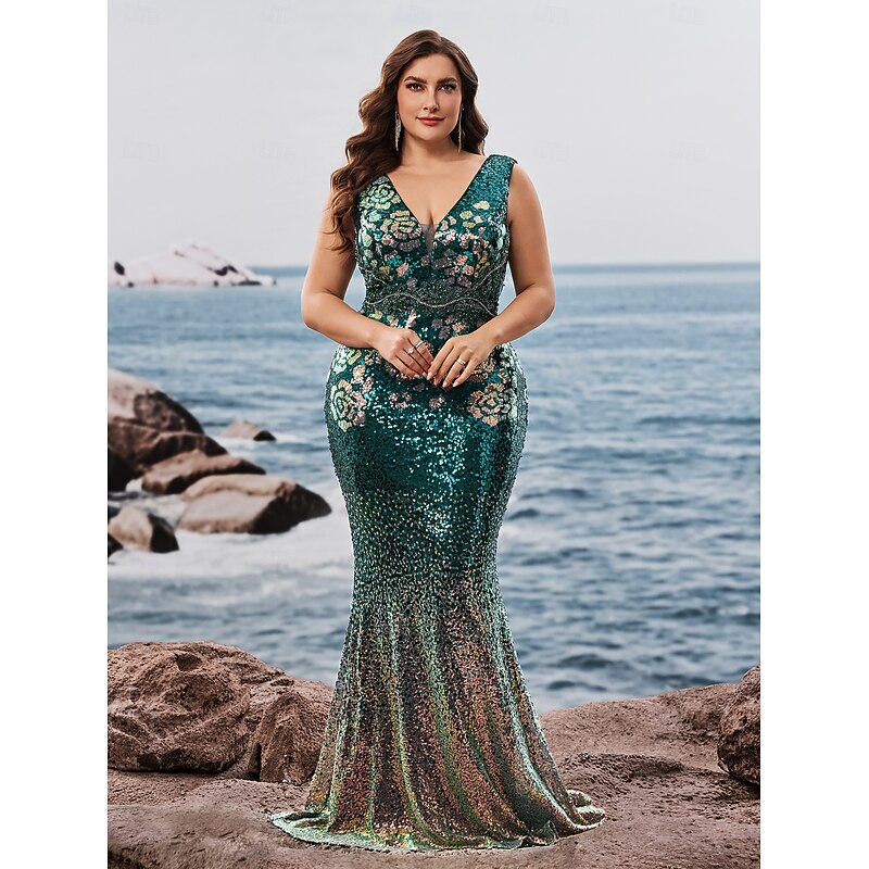 Sheath / Column Evening Mermaid / Trumpet Evening Evening Gown Elegant Formal Dress Evening Party Party Wear Long Length Sleeveless V Neck Bridesmaid Dress Sequined V Back with Sequin3