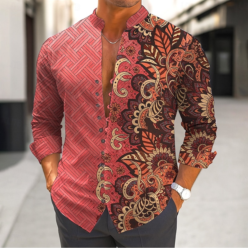 Men's Paisley Ethnic Flowers Shirt Stand Collar Shirt Long Sleeve Vintage Retro Vacation Casual Spring Fall Mandarin Collar Band Collar Button-Down Linen Like Shirt Pink Blue Green3