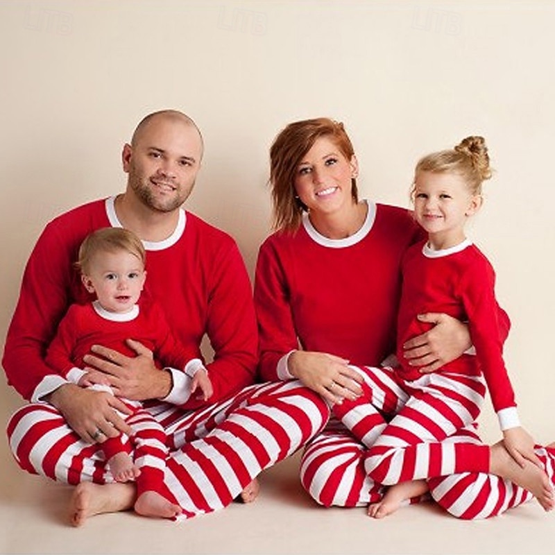 Family Pajamas Striped Home Print White Red Green Long Sleeve Active Matching Outfits