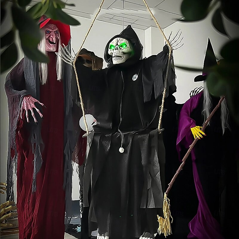 Outdoor Halloween Decor Scary Voice Effects LED Hanging Decor Decorations Outdoor Scary Skeleton with Light Up Eyes Swing Flying for Yard Garden Patio Cute Halloween Decor3