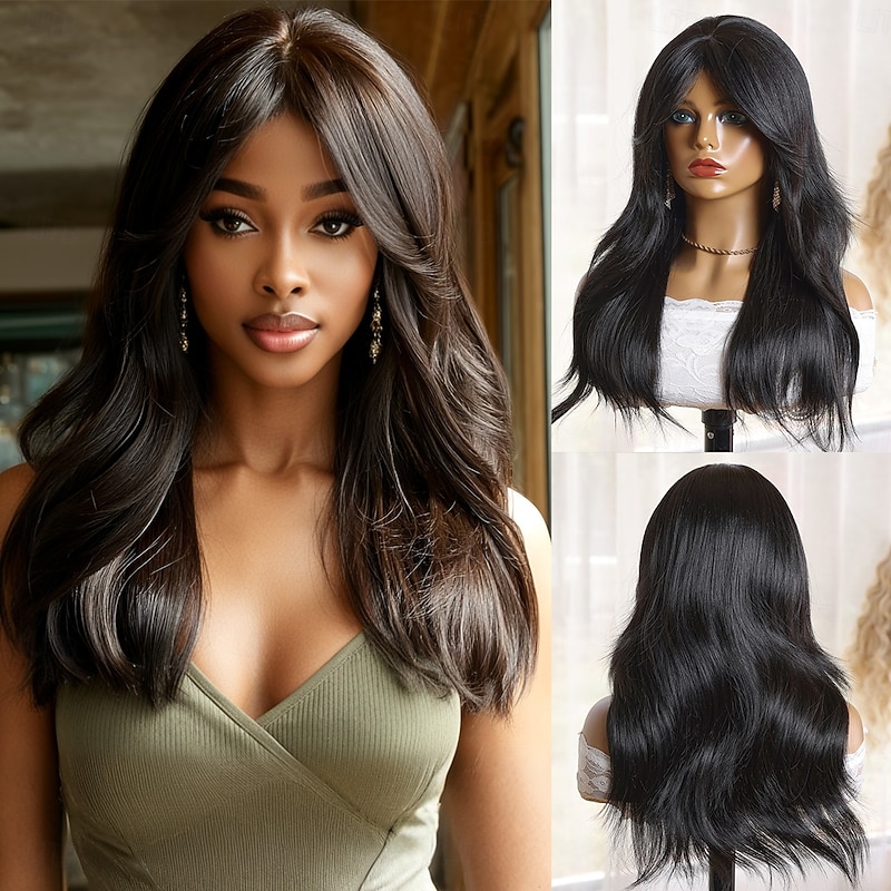 Synthetic Wig Wavy Loose Curl Middle Part Machine Made Wig 22 inch Black Synthetic Hair 22 inch Women's Soft Comfortable Black