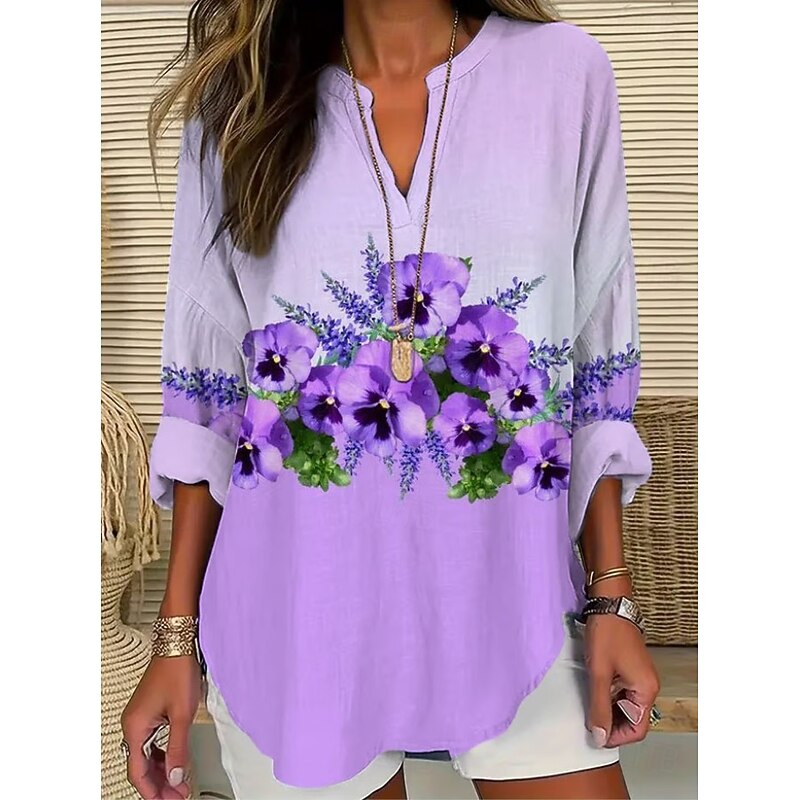 Women's Blouse Tunic V Neck Long Sleeve Boho Casual Ombre Graphic Geometric Vintage Daily Stylish Regular Tops Daily Print White Blue Sky Blue Light Purple Purple Fall4