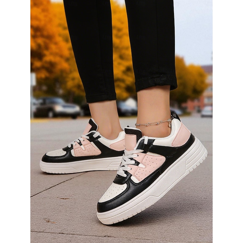 Women's Pink and Black Colorblock Lace-Up Sneakers - Comfortable Faux Leather Platform Walking Shoes for Casual Outfits, Street Style and Autumn Travel