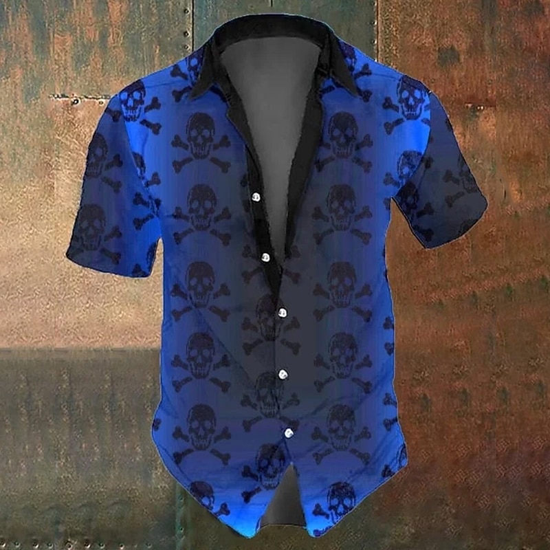 Halloween Men's Skull Skeleton Halloween Costumes Shirt Button Up Shirt Short Sleeve Dark Gothic Style Holiday Summer Spring Turndown 3D Print Collared Shirts Black Dark Blue2