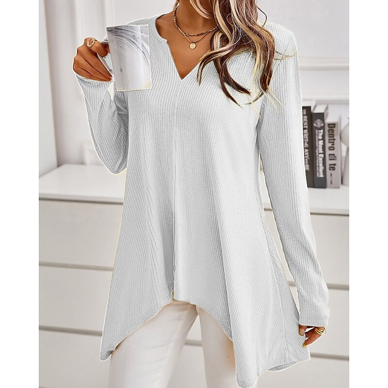 Women's Sweater Casual Solid Color Ribbed V Neck Knitted Asymmetric Hem Long Sleeve Regular Tops Knit Daily Holiday Going out Black White Fall3