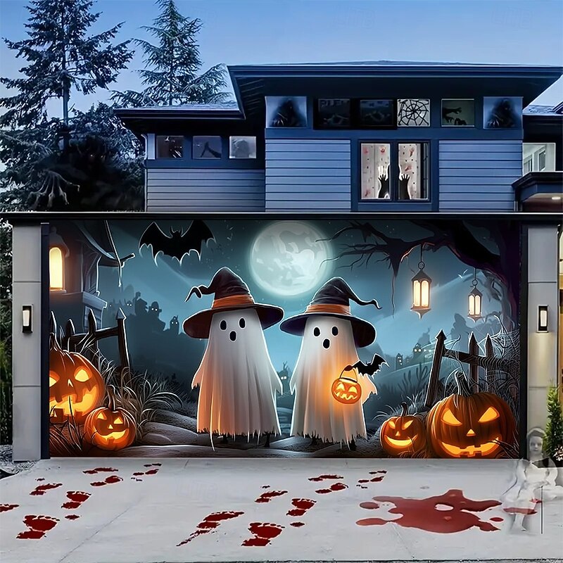 Halloween Outdoor Garage Door Cover Ghosts with Pumpkin Lanterns Spooky Night Scene Banner Large Tapestry Backdrop Decoration for Holiday Outdoor Garage Door Wall Fence2