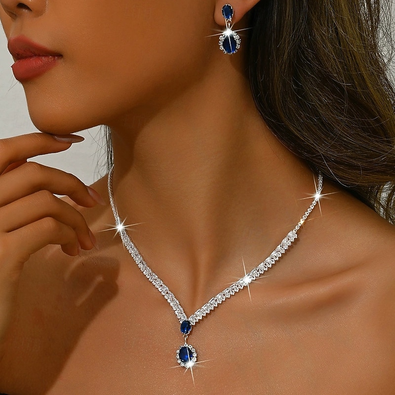 Jewelry Set 3pcs Rhinestone Chrome Earrings Necklace Women's Elegant Vintage Dainty Geometrical Geometric Jewelry Set For Wedding Party Wedding Guest4