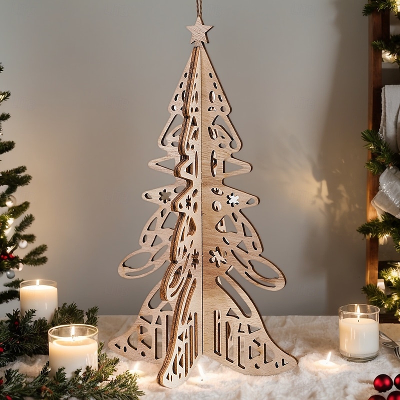 Christmas Wooden Tree Decorations, Hollow Cutout Xmas Tree Ornaments for Home Decor, Festive Holiday Display for Living Room, Bedroom, Study and Christmas Party