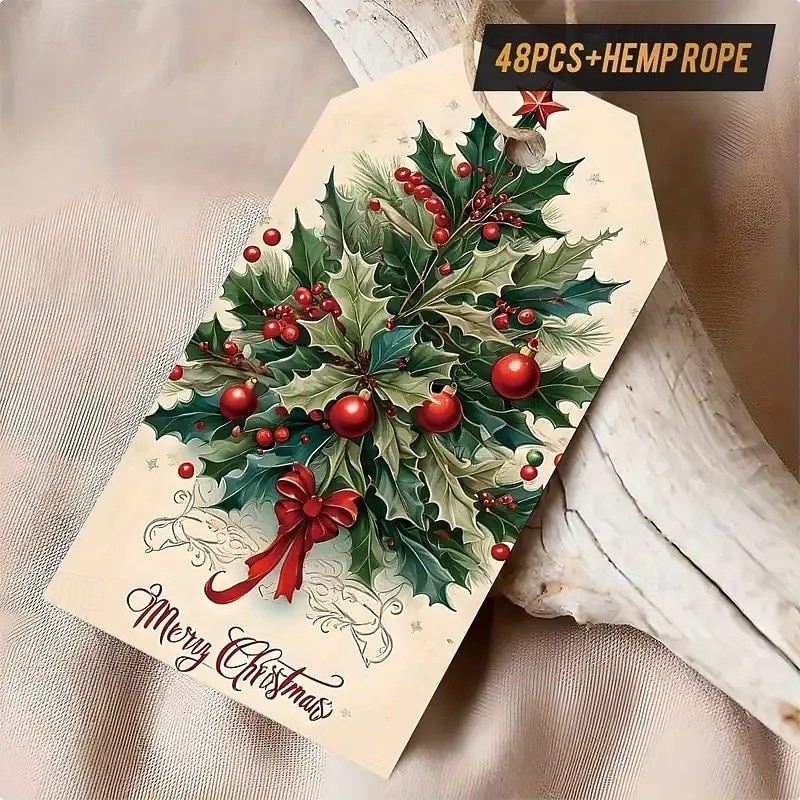 48PCS Vintage Christmas Gift Tags with Twine, Elegant Holiday Decorations for Home, Friends, and Office Gift Exchange, Classic Rustic Style for Christmas Wrapping, Party Decor, and Festive Accents