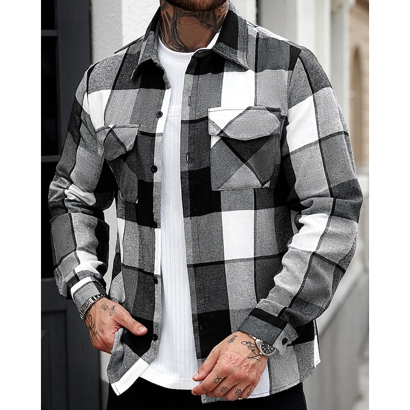 Men's Lightweight Jacket Shirt Jacket Casual Jacket Shacket Vacation Daily Breathable Pocket Spring Fall Plaid Fashion Classic Lapel Regular Black Jacket