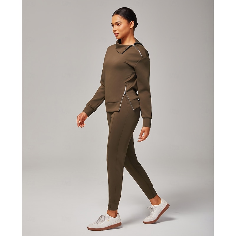 Women's Brown Stretch Knit Tracksuit Pants Zip Slit Elastic Waist Stylish Comfortable Casual Daily Work Versatile Fall2