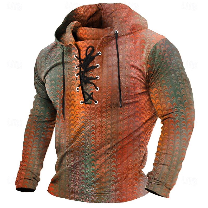 Men's Abstract 3D Stylish Ethnic Long Sleeve Hooded Streetwear Yellow Red Drawstring Fall Winter Designer