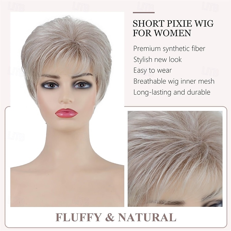 Short White Blonde Pixie Cut Wigs for Women Layered Fluffy Mixed Blonde Wigs with Dark Roots Synthetic Hair Short Wig for White Women4