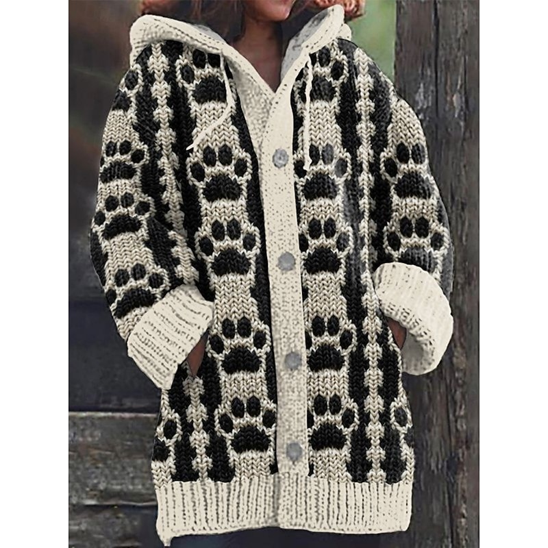 Women's Cardigan Vacation Daily Graphic Animal Ribbed Hooded Knitted Print Front Pocket Long Sleeve Regular Tops Knit Outdoor Daily Holiday Black White Fall Winter